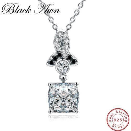 [BLACK AWN] 925 Sterling Silver Necklace for Women Black Spinel Pendants Square Sterling Silver Jewelry P158
