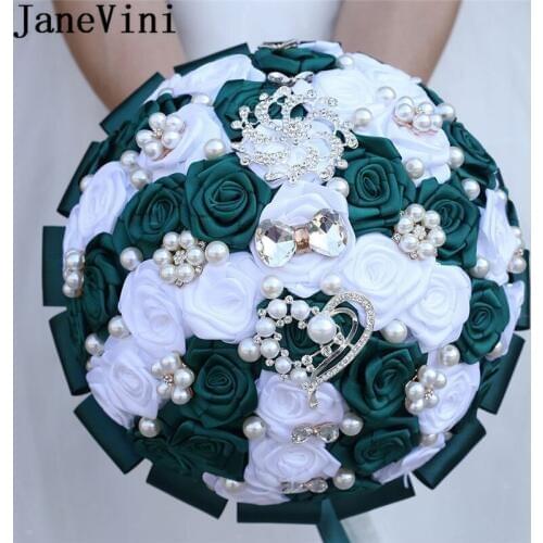 JaneVini Vintage Dark Green Pearl Wedding Flowers Bridal Bouquet 2020 White Satin Rose Ribbon Crystal Wedding Bouquet for Brides
