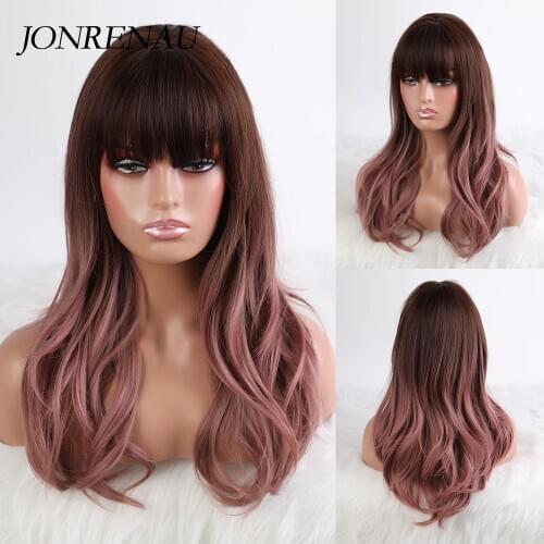 JONRENAU Long Natural Wave Black Ombre purpal with Bangs Daily Use Cosplay High Temperature Fibre 22 Inch Hair Wigs for Women