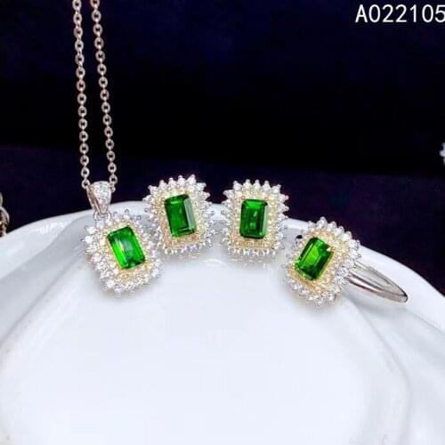 KJJEAXCMY fine jewelry 925 sterling silver inlaid Natural diopside women exquisite elegant Ring Earring Necklace set support det