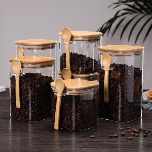 Square Airtight Jar With Spoon Household Transparent Glass Storage Tank Food, Tea, Dried Fruit, Coffee Bean Storage Container