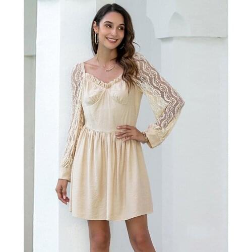 V Neck With Ruffles Long Sleeve Party Dress Women Sexy Lace Patchwork High Waist Slim A-line Mini Dress Elegant Solid Autumn New