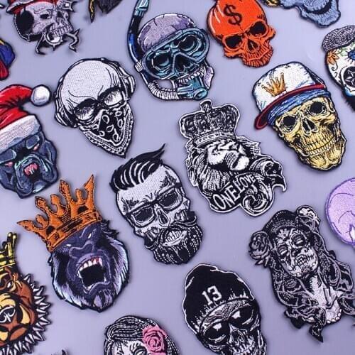 Prajna Fashion Skull Patch King Bear Lion Gorilla Embroidered Patches for Clothing DIY Punk Stripe Applique Patches for Clothes