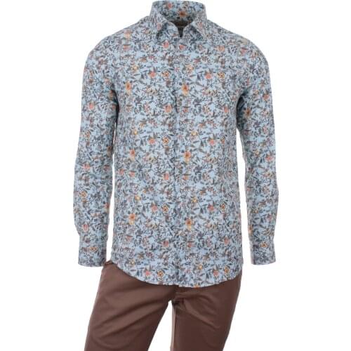 Gentilbay Mens Flowers Tree Printed Blue Slimfit Long-Sleeve Sport Shirt DPD172