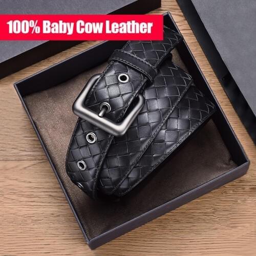 Mens Belt 100% Baby Cow Leather Woven Luxury Brand Business Classic Fashion Simple High-End Alloy Buckle 2021 New Gift Box Spot