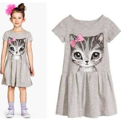 New Arrival Grey Girl One-piece Dress Summer Short Sleeve Cotton Childrens Dresses Cat 2-5 year Baby Girls Clothes