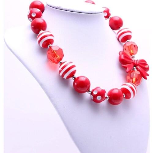 MHS.SUN New Christmas Chunky Beads Necklace Child Girls Red Bowknot Charming Chunky Bubblegum Necklace For Kids Baby Gift
