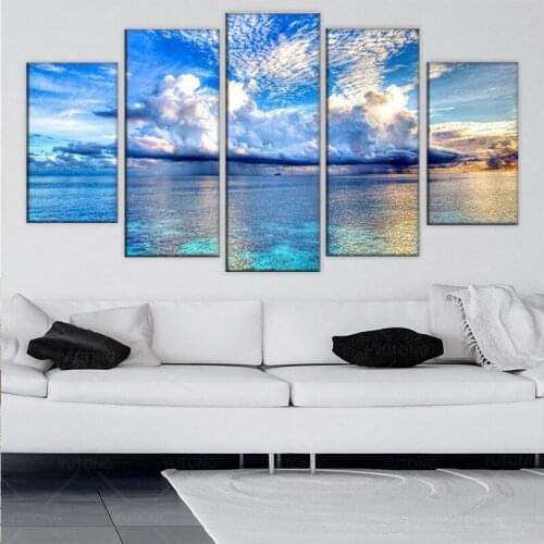 Printed Modular Picture Large Canvas 5 Panel Sea Landscape Painting For Bedroom Living Room Home Clouds Wall Art Decor