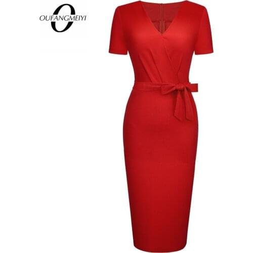 Summer V Neck Bow Pure Color Short Sleeve Elegant Stylish Slim Business Party Pencil Dress EB642