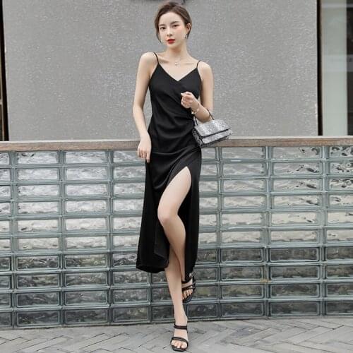 New style Satin small black dress with suspender, sexy and gentle V-neck retro long black dress with side slit