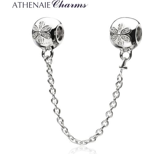ATHENAIE 925 Sterling Silver Flower Charms Clear CZ Safety Chain Charm Fit All European Bracelets Pendant Authentic DIY Jewelry