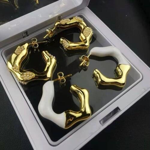 Gold Plated Mixed White Enamel Irregular Hoop Earrings Wave Flat Geometric Earrings for Women Vintage Minimalist Jewelry 2021