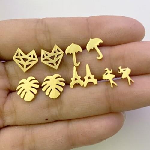 Tiny Stainless Steel Ballet Earrings for Women Girls Fashion Earings Jewelry Eiffel Tower Palm Leaves Umbrella Fox Earring Studs