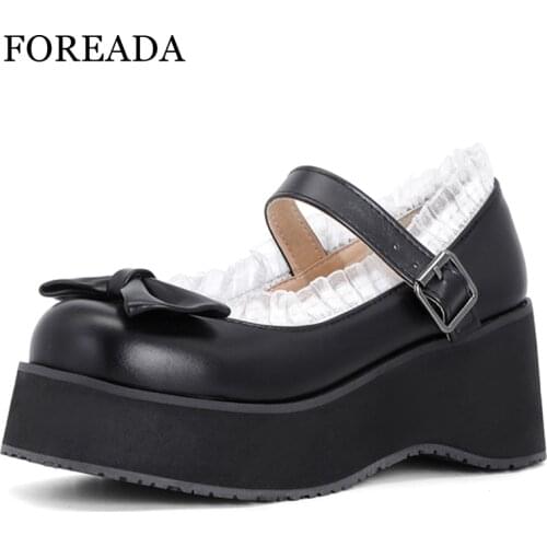 FOREADA Mary Janes Lolita Shoes PU Leather Platform Wedges High Heels Pumps Round Toe Bow Buckle Female Footwear Autumn Black 46