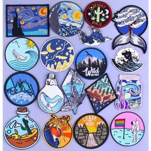 Outdoor Mountain Travel Patch For Clothing Iron On Diy Van Gogh Embroidered Patches For Clothes Whale Wave Embroidery Patches