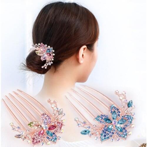 1Pc Colorful Flowers Rhinestone Hairpins Vintage Womens Hollow Out Crystal Hair Comb Hairpin Fashion Hair Accessories Ornaments