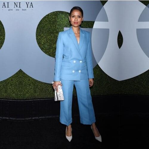 New womens business suits light sky blue double breasted elegant ladies trouser suits slim fit office uniform womens tuxedo