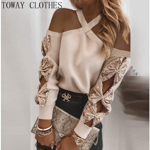 Women Cold Shoulder Sequins Bowknot Pattern Cutout Sweater Long Sleeve Chic Sweaters