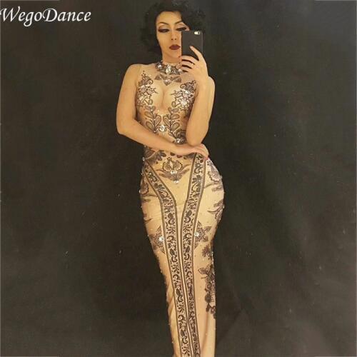 Long Dress Black Flower Sparkling Crystals Women Dresses Nightclub Party Bling Womens Outfit Birthday Celebrate Clothing