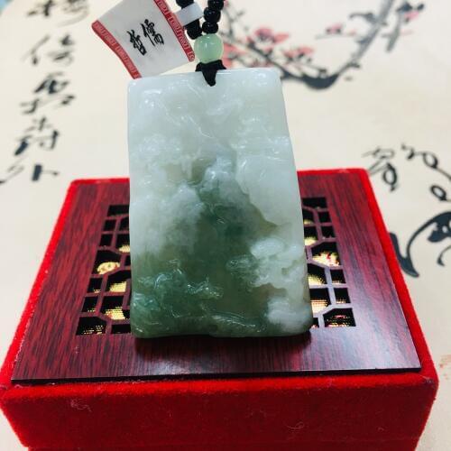 Zheru pure natural Jadeite carved light green two-color mountain pendant with green bead chain sweater chain Send A-level certif