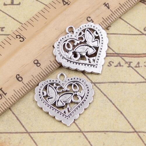 15pcs Charms Heart Butterfly 25x24mm Tibetan Pendants Crafts Making Findings Handmade Antique Jewelry DIY For Necklace