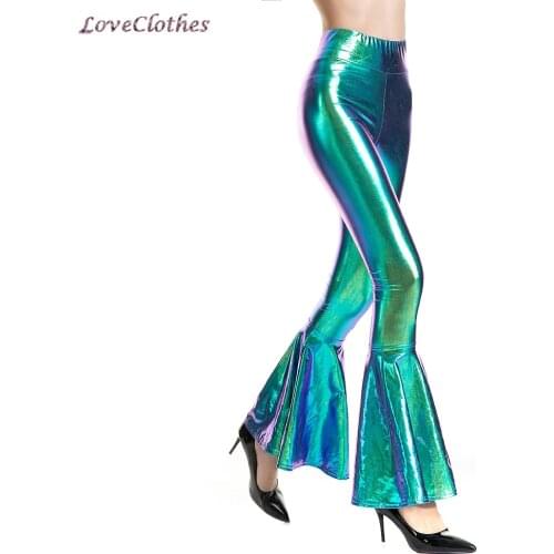 Fashion Sexy Bodycon Mermaid Solid Laser Flare Pants Women High Waist Full Length Pants Trousers Casual Streetwear Leggings