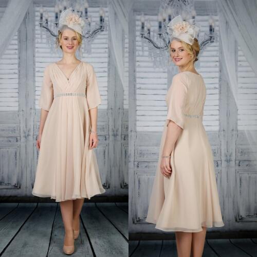 2020 Elegant Chiffon Mother of the Bride Dresses Lace Appliques Half Sleeves Evening Gowns Knee Length Plus Size Prom Dress