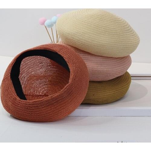 2021 New Arrival Straw Beret Summer French Beret Hats for Women Artist Crochet Berets Female Fashion Solid Color Bonnet Hat Caps