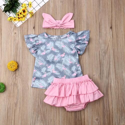Pudcoco Newborn Baby Girl Clothes Fly Sleeve Flamingo Print Tops Ruffle Short Pants Headband 3Pcs Outfits Clothes Summer