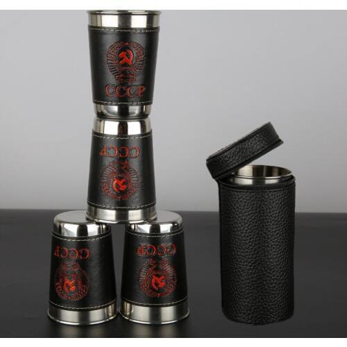 4Pcs/lot 170ml Outdoor Tableware Travel Cups Set Stainless Steel Camping Cup with Black PU Leather Portable wine Whiskey Mugs