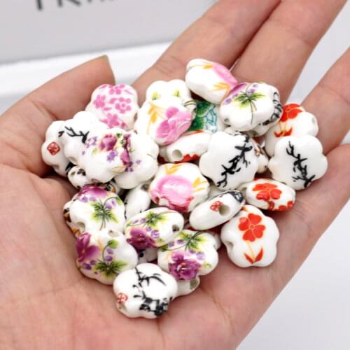 Hand Painted Porcelain Ceramic Beads 10pcs Handcrafted Loose Ceramic Beads 15mm Dark Purple Flower Beads Jewelry Flower Beads