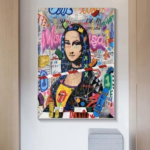 Abstract Cartoon Mona Lisa Graffiti Street Art Prints Funny Poster Pictures On Wall Art Canvas Painting For Living Room Decor