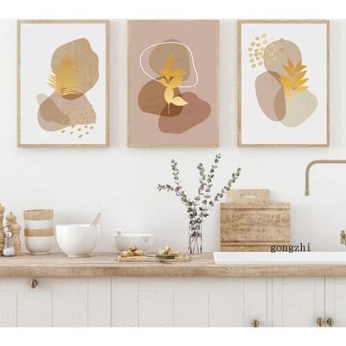 Boho Golden Plant Leaves Abstract Geometric Line Poster Minimalist Canvas Painting and Prints Wall Art Pictures Home Decoration