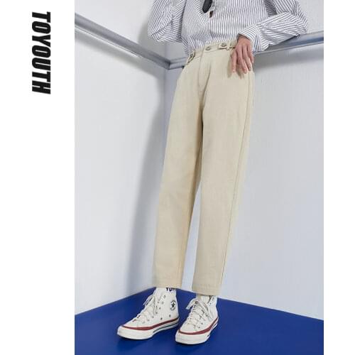 Toyouth Women Trousers Autumn Elastic Waist Solid Khaki Army Green Loose Casual Straight Wide Leg Simple Long Pants