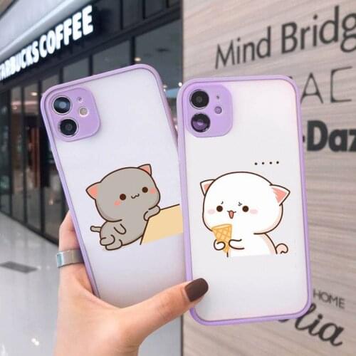 Peach cat Phone Case For iPhone 12 11 Mini Pro XR XS Max 7 8 Plus X Matte transparent Purple Back Cover