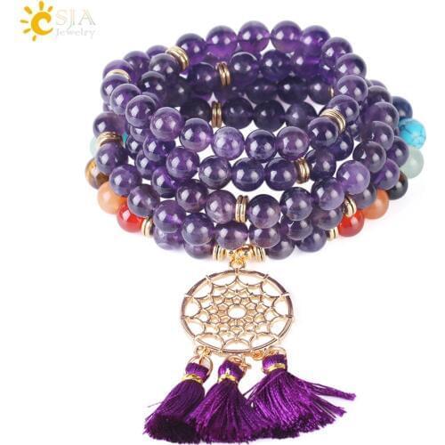 CSJA Japamala 108 Mala Beads 8MM Natural Stone Bracelet Dream Catcher Tassel Charm Bracelet Chakra Prayer Rosary Jewelry F484