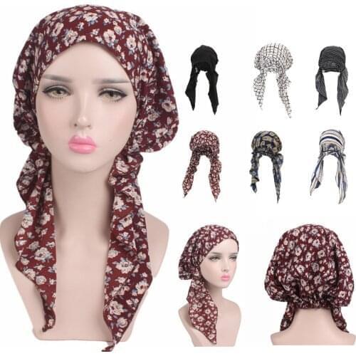 Womens Plaid Cancer Chemo Hat Scarf Turban Head Wrap Cap Beanie Hat women Hijab Pre Tied Ruffle Head Scarves