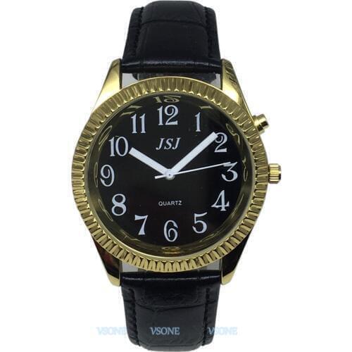 Italian Talking Watch with Alarm Function, Talking time, Black Dial, Black Leather Band, Golden Case B4-G307B-TI