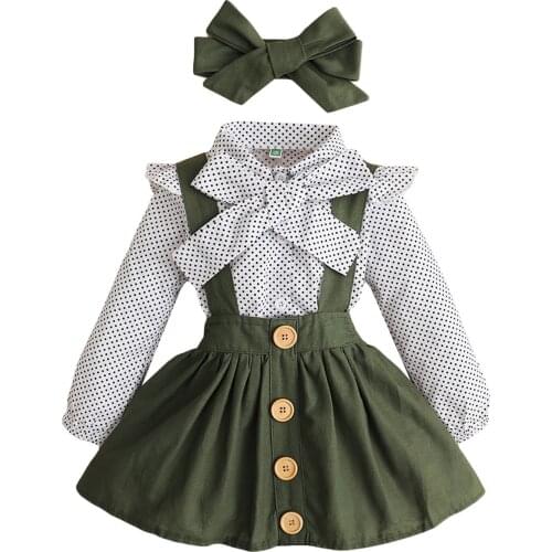 6M-4Y Kids Baby Girls Clothes Set Polka Dot Long Sleeve Lapel Shirt+Solid Color Suspender Skirt+Headband 3Pcs Autumn Outfit