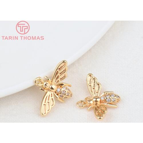 6PCS 12x16MM Hole 1MM 24K Gold Color Brass with Zircon Bee Charms Pendants High Quality DIY Jewelry Making Findings