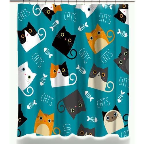 Cartoon Shower Curtain Set Cute Cat Printed Design Fabric Polyester Waterproof Home Bathroom Decor Curtains and Carpet