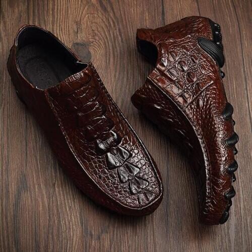 2020 Crocodile Pattern Genuine Leather Cowhide Male Dress Shoes High Quality Round Toe Slip On Fleece Linging Mens Flat Shoes