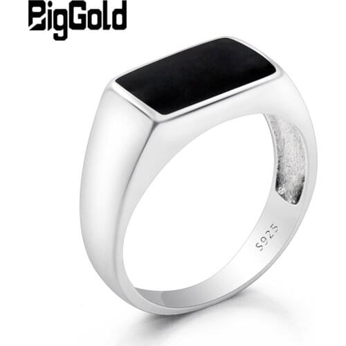 Turkish Mens Ring 925 Sterling Silver Rectangle Black Enamel Thai Silver Ring for Men Women Unisex Fashion Brand Jewelry Gift