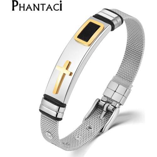 No Fade Cross Mens Cuff Bracelets Gold Color Titanium Stainless Steel Magnetic Adjustable Male Charm Bracelet Man Punk Jewelry