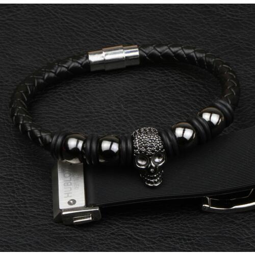 New Leather Bracelet Men Stainless Steel Cubic Zircon Skull Head Charm Bracelets Retro Style Magnet Clasp Male Wristband Jewelry