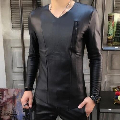 New Plus velvet thick Winter Korean tight t-shirt mens wave bottoming shirt Men zipper leather clothes male long sleeve Tops