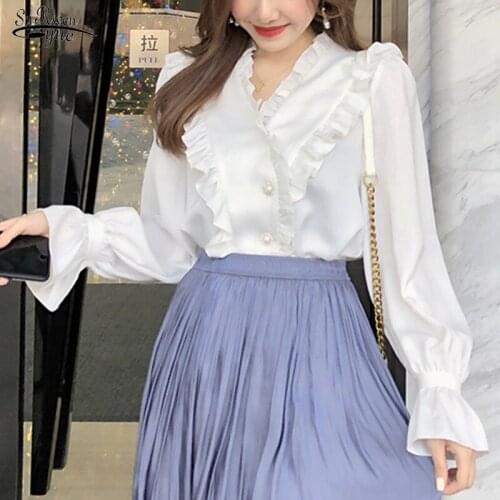 2021 Autumn Long-sleeved Elegant Chiffon Blouse Women Ruffled Solid Simple Shirt Womens Gentle Trumpet Sleeve Shirt Women 16272