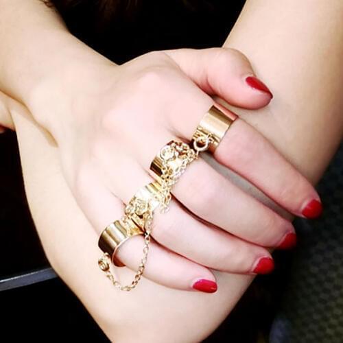 Punk Multi Chain Open Four Finger Ring For Ladies Gold Silver Color Adjustable Vintage Ring Fashion Zink Alloy Jewelry Accessory