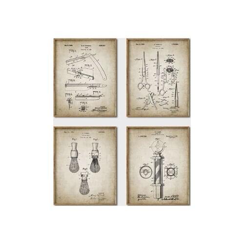 Barber Patent Blueprints Vintage Posters Canvas Prints Shaving Brush, Scissors Barbers Pole Cutthroat Razor Barbershop Decor