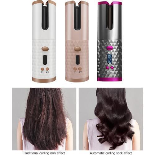 Portable Wireless Automatic Hair Curling Iron Wand Roller Hair Curler LCD Curly Curling Wave Rotating Tool with 1 Comb+2pc Clips